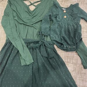 Green Swiss Dot Women's Dress and Baby Romper
